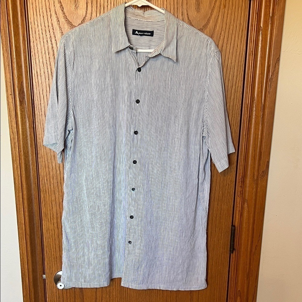 AQUASCUTUM Linen Cotton Button Down Shirt Mens Large Blue White Micro Stripes - Picture 2 of 16